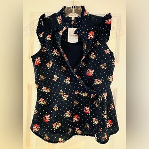 Monteau Navy Blue Floral Rose Dot Lace Bow Ruffle Sheer Peplum Shirt Girl Sz. L